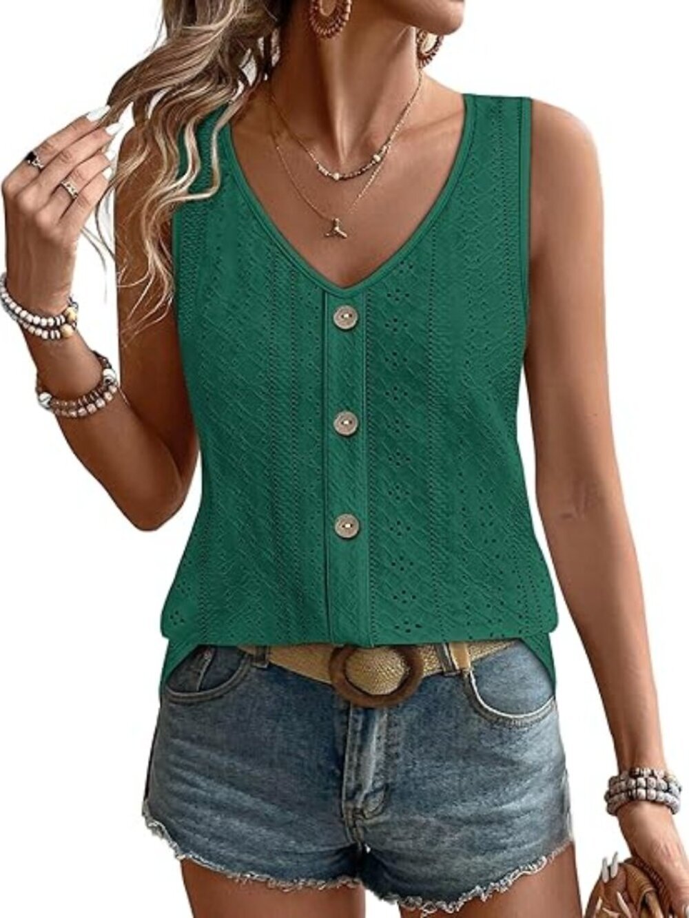 Women Green Tank Tops Loose Casual Summer Eyelet V Neck Basic Sleeveless Shirts
